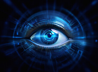 Aufkleber - A mesmerizing digital eye, glowing blue, encircled by a futuristic technological interface.  It suggests surveillance, data processing, and artificial intelligence.