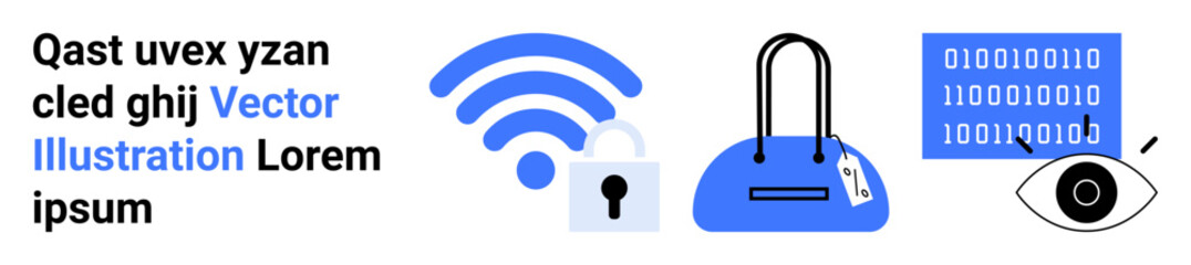 wireless signal, padlock, key on bag, binary code, and eye symbol. Ideal for online security, data protection, privacy encryption secure access network safety anti-theft. Landing page