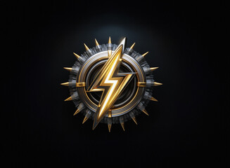 Poster - A radiant gold lightning bolt emblem, encircled by a metallic gear-like design with sharp, pointed edges, set against a dark background.  The intricate details and glowing lightning create a powerful 