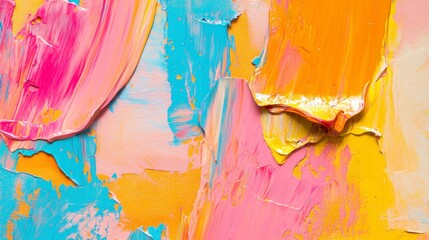 Poster - Abstract painting with vibrant colors, light blue and pink shapes, orange and yellow hues, brush strokes creating an abstract background.