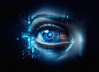 Aufkleber - A close-up of a woman's eye, digitally enhanced with glowing blue circuitry, merging organic and technological elements.  The image suggests themes of artificial intelligence and human augmentation.