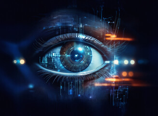 Aufkleber - A mesmerizing digital eye, glowing with intricate circuitry and vibrant light streaks, symbolizes technological advancement and the future of vision.  The dark background enhances the eye's luminescen