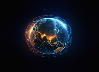 Fototapete - A glowing digital Earth, encircled by a network of interconnected lines, representing global communication and technology.  The continents are visible, highlighted by warm and cool light.