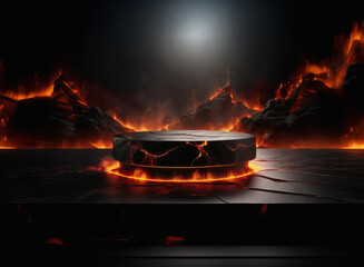 Aufkleber - A dark, cracked stone platform glows with inner fire, encircled by fiery, volcanic landscape.  Surrounding mountains are shrouded in smoke and flames.