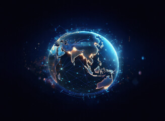 Fototapete - A glowing digital Earth,  connected by a network of lines, highlights Asia.  The image evokes global connectivity and digital technology.