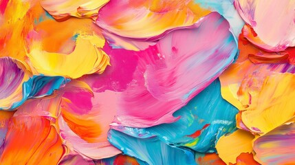 Poster - Abstract painting with vibrant colors, light blue and pink shapes, orange and yellow hues, brush strokes creating an abstract background.