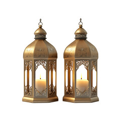 Wall Mural - 3D rendering of two Ramadan lanterns with candles on a transparent background. Ai generative