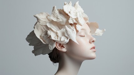 Wall Mural - Ethereal Soft Organic Shapes in a Profile Portrait of a Girl with a Floral Headpiece