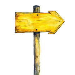 Poster - A watercolor painting of a yellow wooden arrow sign attached to a wooden post indicating direction.