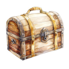 Aufkleber - The image depicts a detailed watercolor painting of an antique wooden chest with metal accents and a rope handle.