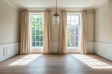 A spacious empty room in an urban apartment, featuring two large windows with light curtains and a vintage hanging light fixture.