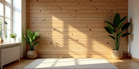 Aufkleber - Serene Room Interior Design Featuring Natural Wood Wall and Lush Potted Plants in Woven Baskets, Illuminated by Sunlight Streaming Through a Window
