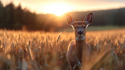 Wall Mural - A curious deer stands in a sunlit field, embodying the essence of exploration and wonder in the natural world at sunrise.