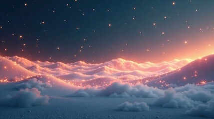 Aufkleber - Dreamlike Winter Landscape Serene Hills Glimmering with Soft Light and Falling Stars at Dusk