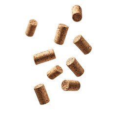 Poster - Multiple wine corks are falling against a plain black background showcasing their texture and form.