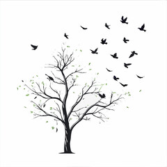 a tree with birds flying in the sky