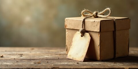 Aufkleber - A rustic, handcrafted gift box tied with twine, featuring a blank aged tag, sits on a weathered wooden surface