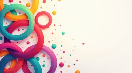 Leinwandbilder - Vibrant Interlocking Rings and Scattered Spheres on a Soft White Background, a Colorful Abstract Composition Ideal for Modern Design Projects and Creative Visuals
