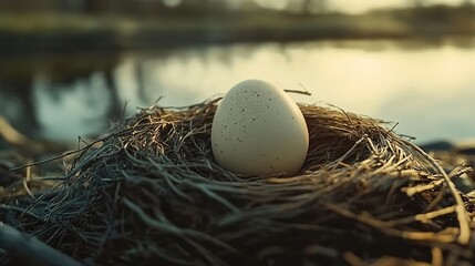  A cinematic shot of an egg in a nest, on a river bank, in daylight.