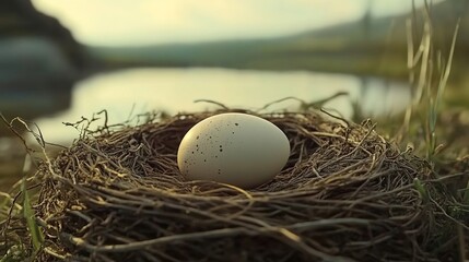  A cinematic shot of an egg in a nest, on a river bank, in daylight.