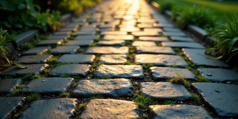 Aufkleber - Golden Hour Illumination on a Cobblestone Path, Adorned with Sprigs of Verdant Grass, Evoking a Sense of Tranquility and Natural Beauty