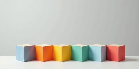 Poster - A Row of Colorful Wooden Blocks on a White Surface Against a Light Gray Background