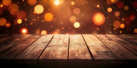 Wall Mural - Empty light brown wooden table top with a blurred abstract background for product display montage, a blurred interior and a bokeh panorama in full frame.