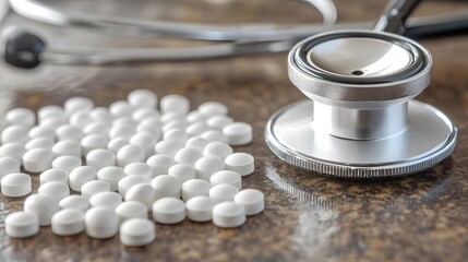 Medical Pills and Stethoscope Closeup Healthcare Concept