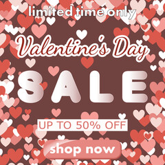 Wall Mural - Valentine's Day sale, template discount banner design with multicolored rose hearts to promote purchases in the 14 february. modern vector illustration for poster, flyer, social media, background