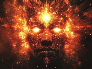 Wall Mural - Fiery Digital Face in Cosmic Space