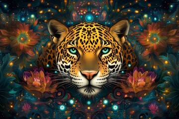 Wall Mural - Mystical Jaguar amidst vibrant blooms