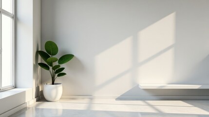 Aufkleber - Serene Minimalist Interior Design with Sunlight Streaming Through a Window, Featuring a Lush Green Plant in a White Pot and a Floating Shelf
