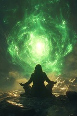 Wall Mural - Person meditating before a swirling green energy vortex.