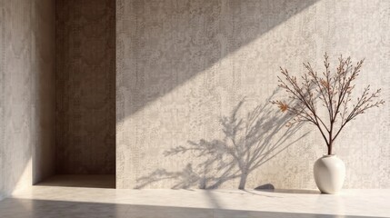 Aufkleber - Serene Minimalist Interior Design Featuring a Dried Branch Arrangement in a White Vase Against a Textured Wall with Sunlight Casting Shadows