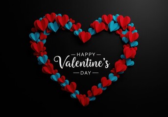  Valentine's Day Greeting Card with Large Heart of Red and Blue Paper Hearts on Black Background