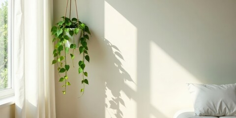 Aufkleber - Serene sunlight illuminates a hanging plant, its vibrant green leaves cascading beside sheer curtains and a soft pillow on a bed, creating a tranquil indoor scene.