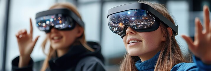 engineers presenting project plans using augmented reality headsets at a construction site