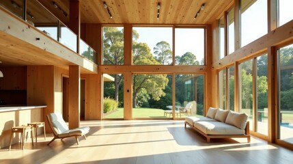Poster - Sunlit Modern Wooden Home Interior with Expansive Glass Walls and Tranquil Garden View