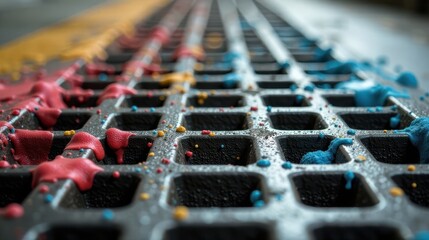Poster - Abstract Grid with Vibrant Spilled Paint Showing Textural Detail and Color Contrast