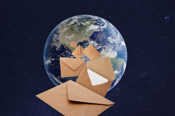Wall Mural - envelopes with letters flying to globe in space. international mail