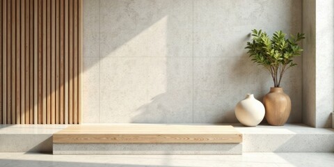 Aufkleber - Minimalist Wooden Platform Display with Natural Elements and Textured Wall