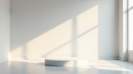 Poster - Minimalist White Room Interior Featuring a Simple Circular Pedestal Illuminated by Sunlight