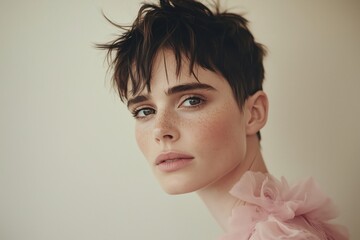 Wall Mural - A young woman with short hair and freckles, wearing a pink blouse, looking thoughtfully at the camera.