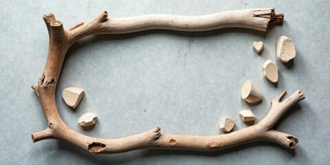Poster - Rustic Wooden Branches Frame with Irregular Beige Stone Pieces on a Textured Surface