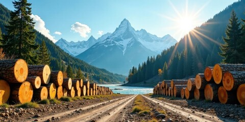 Aufkleber - Majestic Mountain Vista with Rows of Timber Logs on a Scenic Dirt Road