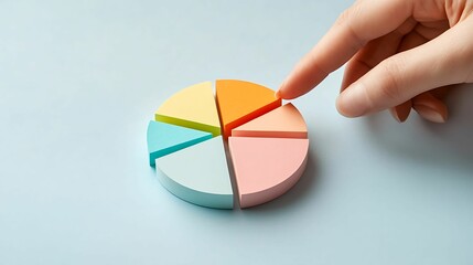 Wall Mural - a hand points to a colorful pie chart model on a smooth surface, representing data visualization and