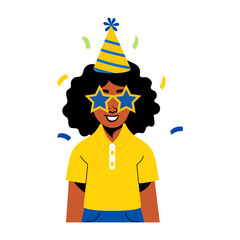 Poster - Party girl wearing star glasses and cone hat, flat illustration