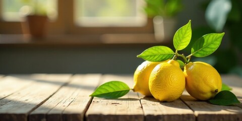 Aufkleber - Sunlit Lemons on Rustic Wooden Table with Vibrant Green Leaves