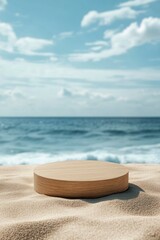 Wall Mural - A round wooden podium on the beach with a blue sea and sky background, a close-up shot of a wood product display stand in the sand for summer advertising. 