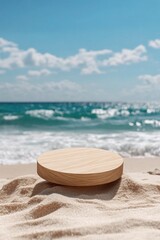 Wall Mural - A round wooden podium on the beach with a blue sea and sky background, a close-up shot of a wood product display stand in the sand for summer advertising. 